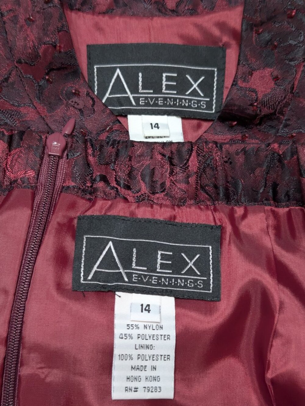 Alex Evenings Formal Jacket & Maxi Skirt Suit Set 14 Burgundy Black Jacquard Bea - Picture 10 of 10